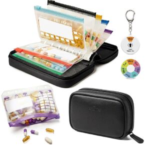 Weekly Pill Organizer,Vegan Leather Travel Medicine Bag - Pill Container with 7 Color-Coded Resuable Waterproof Pills Pouches, Dual-Sided Labeling Design & Reminder Spinner for Vitamins, Supplements in Kuwait