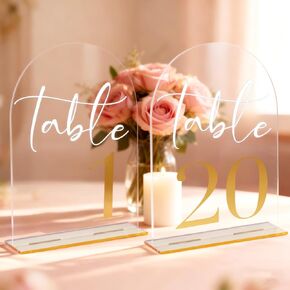 Arch Wedding Table Numbers 1-10 with Stands, 5" x 7" Elegant Acrylic Display Signs with Golden Text, Perfect Table Numbers for Wedding Reception, Centerpiece, Decoration, Party, Anniversary and Event in Kuwait