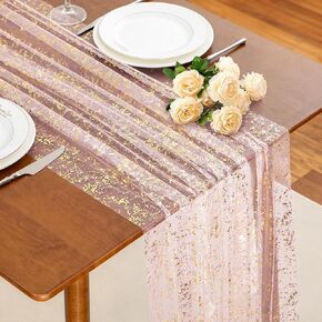 SiinvdaBZX Beige Gold Table Runner 120 Inch 10 Ft, Sheer Gauze Tulle Sequin Golden Glitter Metallic Foil Table Runners for Dining Wedding Anniversary Party Birthday Christmas Thanksgiving in Kuwait