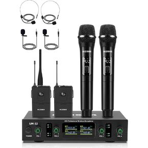 نظام ميكروفون لاسلكي على شكل طية صدر السترة مع سماعة رأس وميكروفونات Lavalier، جهاز استقبال معدني ذو 4 قنوات UHF مع 2 ميكروفونات محمولة و2 حقيبة للجسم، نطاق 300 قدم للغناء والكنيسة والكاريوكي والزفاف in Kuwait