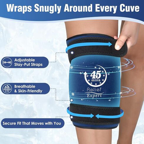 45-Minute Knee Ice Pack Wrap with Advanced Ice Grid Gel, Long-Lasting Ice Pack for Knees, Calves, Elbows, Flexible & Reusable Gel Ice Pack with Cold Compress for Workout Recovery- Fits Most Sizes in Saudi Arabia