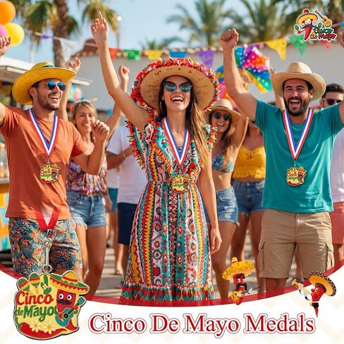 Cunno 20 Pcs Cinco de Mayo Medals 2 Inch Gold Metal Mexican Fiesta Awards with Ribbon for Mexican Birthday Party Favors Luau Photo Props School Carnivals Event Supplies in Saudi Arabia