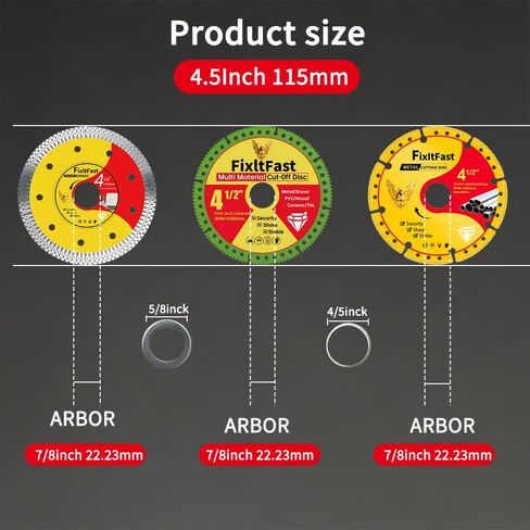 قرص قطع متعدد الأغراض مقاس 4 1/2 × 7/8 بوصة من FIXLTFAST لطاحونة الزوايا مع عجلة قطع معدنية ماسية، قرص قطع متعدد المواد غير قابل للتدمير، شفرة البلاط، قطع للمعادن/البلاط/البلاستيك/الرخام 3 قطع in Kuwait