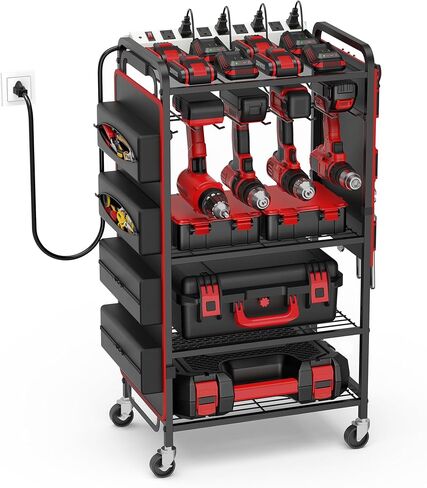 JUNNUJ Large Power Tool Organizer Cart with Charging Station and Heavy Duty Tool Bag, Garage Drill and Tools Battery Holder Storage Rack with 8 Outlet Power Strip, Utility Rolling Shelf on Wheels in Kuwait