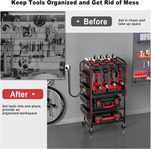 JUNNUJ Large Power Tool Organizer Cart with Charging Station and Heavy Duty Tool Bag, Garage Drill and Tools Battery Holder Storage Rack with 8 Outlet Power Strip, Utility Rolling Shelf on Wheels in Kuwait