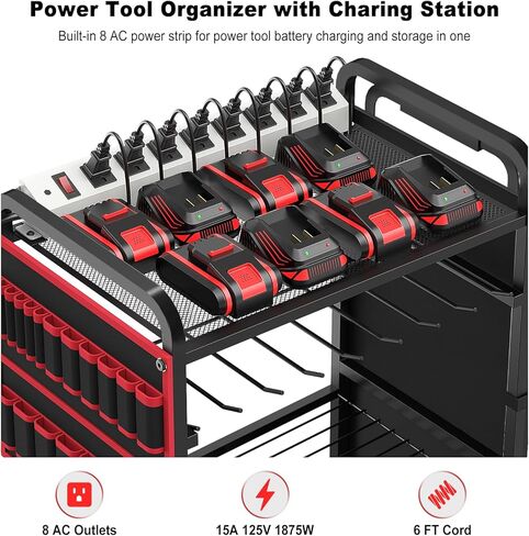 JUNNUJ Large Power Tool Organizer Cart with Charging Station and Heavy Duty Tool Bag, Garage Drill and Tools Battery Holder Storage Rack with 8 Outlet Power Strip, Utility Rolling Shelf on Wheels in Kuwait