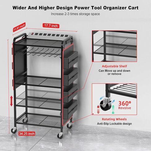 JUNNUJ Large Power Tool Organizer Cart with Charging Station and Heavy Duty Tool Bag, Garage Drill and Tools Battery Holder Storage Rack with 8 Outlet Power Strip, Utility Rolling Shelf on Wheels in Kuwait