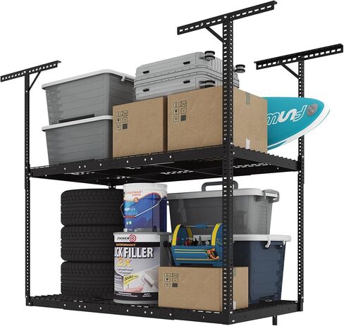 FLEXIMOUNTS 4x8 2-Tier Overhead Garage Storage Rack – Adjustable Heavy Duty Metal Garage Ceiling Storage Racks, 1000 lbs Capacity – Garages Organization System for 9–15 ft Tall Garages, Black in Kuwait
