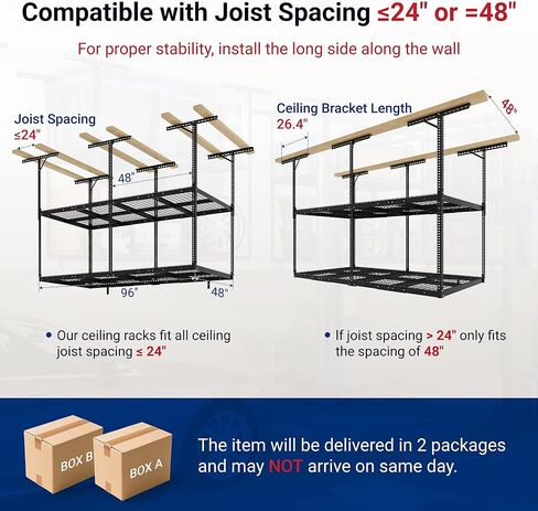 FLEXIMOUNTS 4x8 2-Tier Overhead Garage Storage Rack – Adjustable Heavy Duty Metal Garage Ceiling Storage Racks, 1000 lbs Capacity – Garages Organization System for 9–15 ft Tall Garages, Black in Saudi Arabia