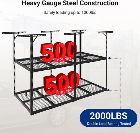 FLEXIMOUNTS 4x8 2-Tier Overhead Garage Storage Rack – Adjustable Heavy Duty Metal Garage Ceiling Storage Racks, 1000 lbs Capacity – Garages Organization System for 9–15 ft Tall Garages, Black in Saudi Arabia
