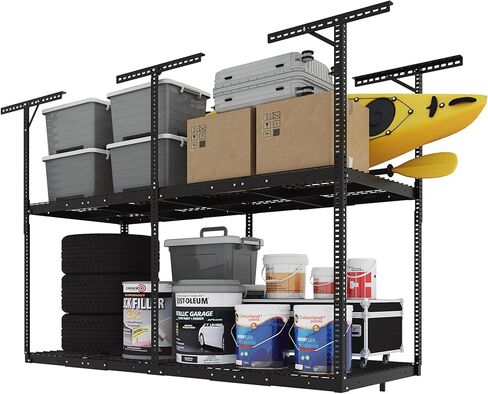 FLEXIMOUNTS 4x8 2-Tier Overhead Garage Storage Rack – Adjustable Heavy Duty Metal Garage Ceiling Storage Racks, 1000 lbs Capacity – Garages Organization System for 9–15 ft Tall Garages, Black in Saudi Arabia