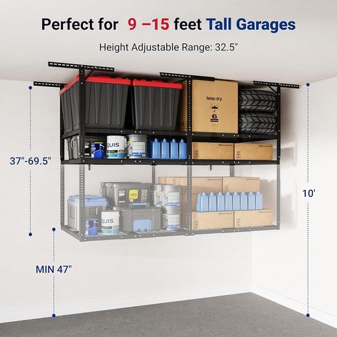 FLEXIMOUNTS 4x8 2-Tier Overhead Garage Storage Rack – Adjustable Heavy Duty Metal Garage Ceiling Storage Racks, 1000 lbs Capacity – Garages Organization System for 9–15 ft Tall Garages, Black in Saudi Arabia