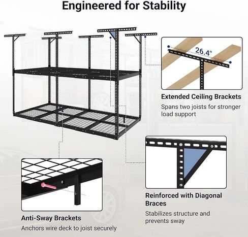 FLEXIMOUNTS 4x8 2-Tier Overhead Garage Storage Rack – Adjustable Heavy Duty Metal Garage Ceiling Storage Racks, 1000 lbs Capacity – Garages Organization System for 9–15 ft Tall Garages, Black in Saudi Arabia