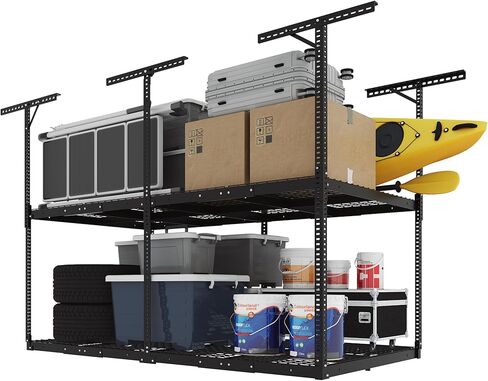 FLEXIMOUNTS 4x8 2-Tier Overhead Garage Storage Rack – Adjustable Heavy Duty Metal Garage Ceiling Storage Racks, 1000 lbs Capacity – Garages Organization System for 9–15 ft Tall Garages, Black in Saudi Arabia