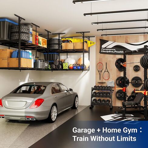 FLEXIMOUNTS 4x8 2-Tier Overhead Garage Storage Rack – Adjustable Heavy Duty Metal Garage Ceiling Storage Racks, 1000 lbs Capacity – Garages Organization System for 9–15 ft Tall Garages, Black in Saudi Arabia