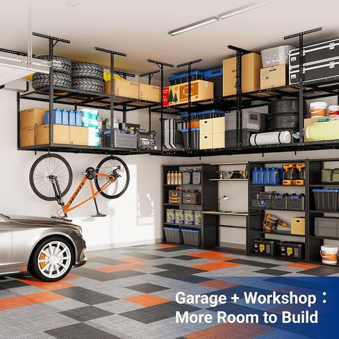 FLEXIMOUNTS 4x8 2-Tier Overhead Garage Storage Rack – Adjustable Heavy Duty Metal Garage Ceiling Storage Racks, 1000 lbs Capacity – Garages Organization System for 9–15 ft Tall Garages, Black in Saudi Arabia