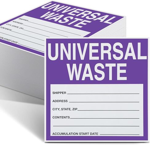 50 Pcs Universal Waste Labels - 6 x 6 Inch Adhesive Coated Paper Hazardous Waste Label, Purple/Black/White in Kuwait