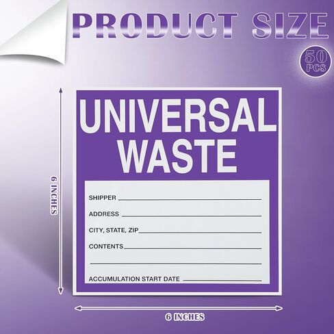 50 Pcs Universal Waste Labels - 6 x 6 Inch Adhesive Coated Paper Hazardous Waste Label, Purple/Black/White in Kuwait