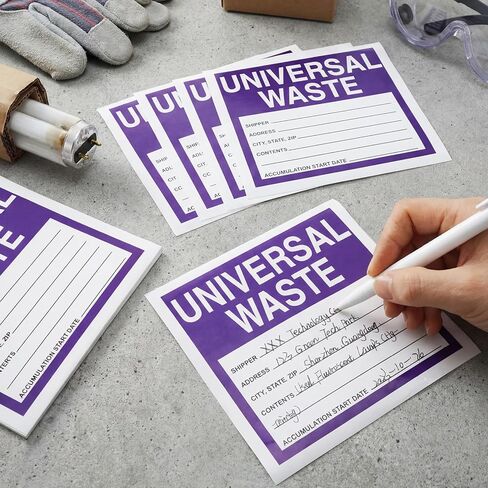 50 Pcs Universal Waste Labels - 6 x 6 Inch Adhesive Coated Paper Hazardous Waste Label, Purple/Black/White in Kuwait