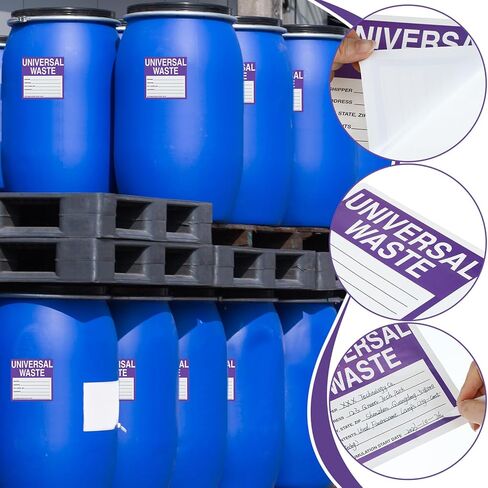 50 Pcs Universal Waste Labels - 6 x 6 Inch Adhesive Coated Paper Hazardous Waste Label, Purple/Black/White in Kuwait