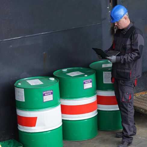 50 Pcs Universal Waste Labels - 6 x 6 Inch Adhesive Coated Paper Hazardous Waste Label, Purple/Black/White in Kuwait