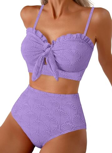 Herseas Women's Seashell Textured Bikini Sets Knotted Front 2 Piece Swimsuits Ruffle Trim Bathing Suits in Saudi Arabia
