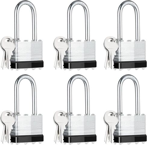 6Pcs Padlocks with Same Keys,Laminated Steel Black Silver(1-9/16",40mm),Long Shackle for Sheds,Gates,Fences,Toolbox,Outdoor and Indoor Use in Saudi Arabia