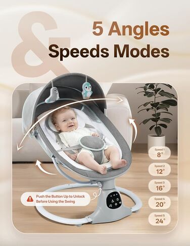 أرجوحة أطفال كهربائية للرضع وحتى الأطفال الصغار، أرجوحة أطفال محمولة مع حزام هزاز بـ 5 نقاط، 5 سرعات للتأرجح، بلوتوث، 12 تهويدة معدة مسبقًا مع جهاز تحكم عن بعد، أرجوحة أطفال للأولاد والبنات، رمادي in Kuwait