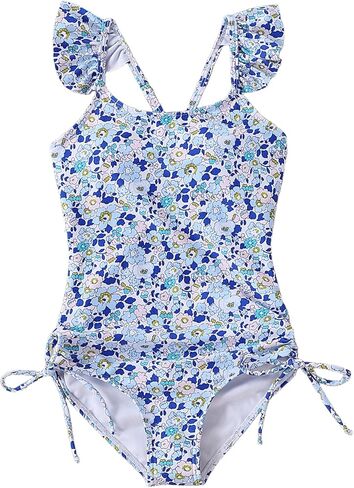 Girls Swimsuit Floral One Piece Bathing Suit Ruffle Strap Swimwear Drawstring Swimsuits for Teens 5-14Y with Padded in Kuwait