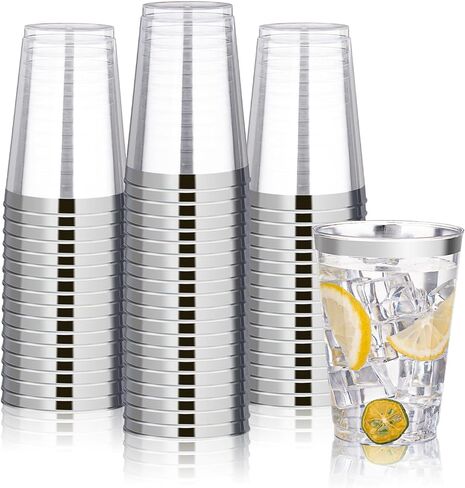 BESTVIP 12oz Silver Plastic Cups, 100 Pack Silver Rimmed Disposable Cups, Heavy-duty Party Cocktail Glasses for Christmas, Plastic Cups for Party, Holiday, Wedding and Birthday in Kuwait