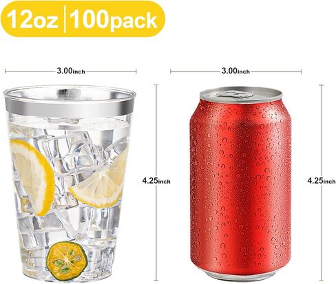 BESTVIP 12oz Silver Plastic Cups, 100 Pack Silver Rimmed Disposable Cups, Heavy-duty Party Cocktail Glasses for Christmas, Plastic Cups for Party, Holiday, Wedding and Birthday in Saudi Arabia