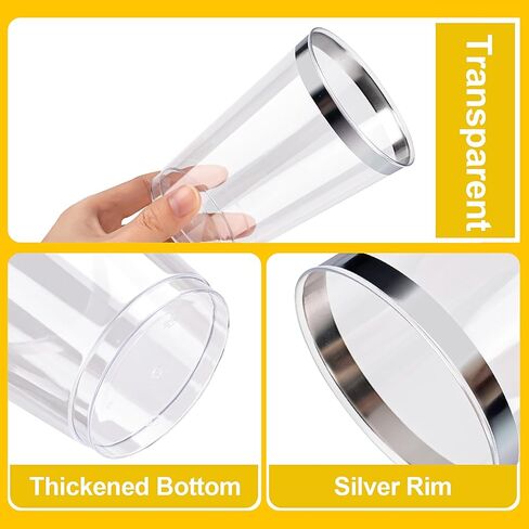 BESTVIP 12oz Silver Plastic Cups, 100 Pack Silver Rimmed Disposable Cups, Heavy-duty Party Cocktail Glasses for Christmas, Plastic Cups for Party, Holiday, Wedding and Birthday in Saudi Arabia