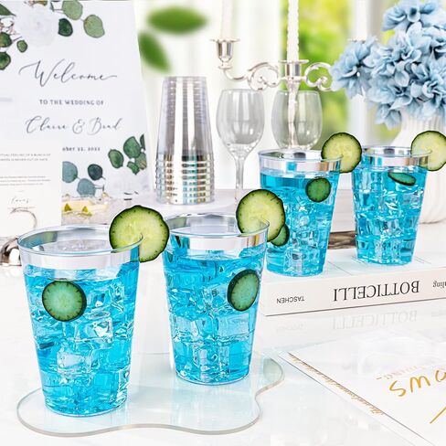 BESTVIP 12oz Silver Plastic Cups, 100 Pack Silver Rimmed Disposable Cups, Heavy-duty Party Cocktail Glasses for Christmas, Plastic Cups for Party, Holiday, Wedding and Birthday in Saudi Arabia