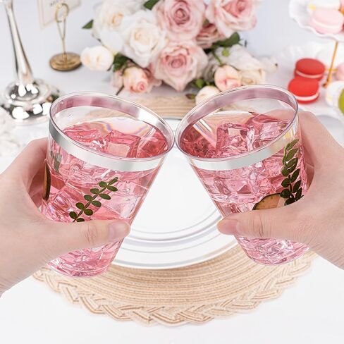 BESTVIP 12oz Silver Plastic Cups, 100 Pack Silver Rimmed Disposable Cups, Heavy-duty Party Cocktail Glasses for Christmas, Plastic Cups for Party, Holiday, Wedding and Birthday in Saudi Arabia