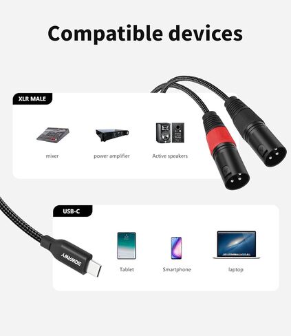 كابل صوت USB C إلى Dual XLR ذكر بطول 3.3 قدم، كابل ستيريو من النوع C إلى 2 XLR Y-Splitter للهواتف الذكية والكمبيوتر المحمول والكمبيوتر اللوحي إلى مكبر الصوت النشط وخلاط الصوت ومكبر الصوت | متوافق مع أنظمة التشغيل Windows، وmacOS، وiOS، وAndroid in Kuwait