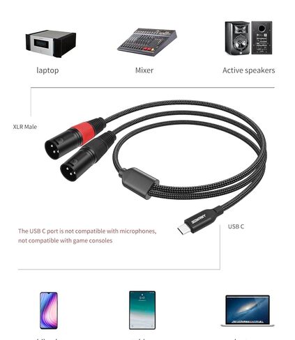 كابل صوت USB C إلى Dual XLR ذكر بطول 3.3 قدم، كابل ستيريو من النوع C إلى 2 XLR Y-Splitter للهواتف الذكية والكمبيوتر المحمول والكمبيوتر اللوحي إلى مكبر الصوت النشط وخلاط الصوت ومكبر الصوت | متوافق مع أنظمة التشغيل Windows، وmacOS، وiOS، وAndroid in Kuwait