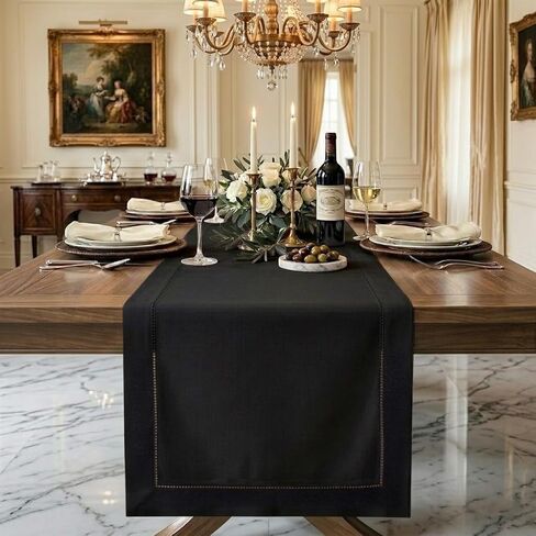 D'Moksha Homes Linen Navy Blue Table Runner 144 بوصة طولها - 100 ٪ من الكتان النقي الخالص الطويل الطويل 14 × 144 بوصة للصيف والسقوط والهالوين - Hemstitch الكلاسيكية in Kuwait