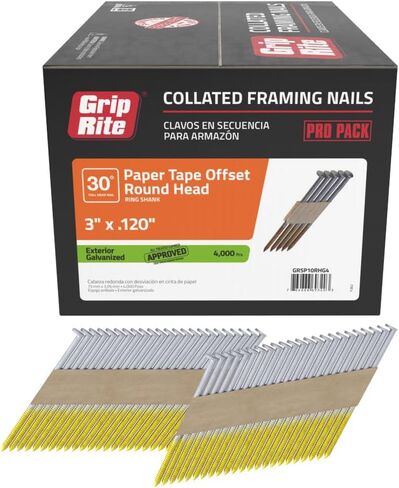 مسامير تأطير Grip-Rite 30 درجة - مجلفن خارجي - رأس مقصوص - مسامير مجمعة بالورق للإطار الخارجي - 3 بوصة × .120 بوصة - صندوق 4 متر (عدد 4000) - GRSP10RHG4 in Saudi Arabia