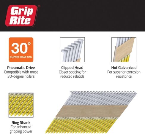 مسامير تأطير Grip-Rite 30 درجة - مجلفن خارجي - رأس مقصوص - مسامير مجمعة بالورق للإطار الخارجي - 3 بوصة × .120 بوصة - صندوق 4 متر (عدد 4000) - GRSP10RHG4 in Saudi Arabia