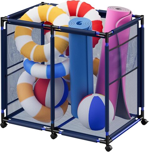 صندوق تخزين كبير لحمام السباحة، عربة تنظيم حامل معدات السباحة المعدنية المتدحرجة مع شبكة، بني L in Kuwait