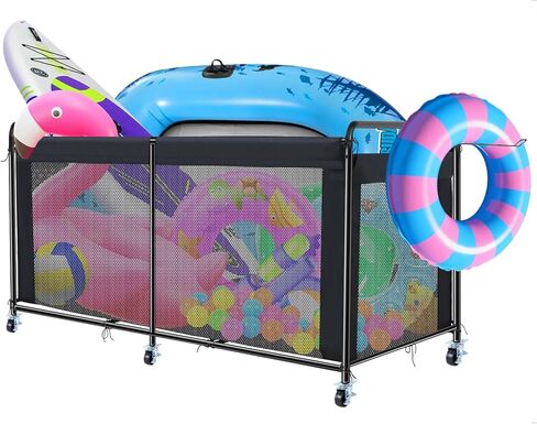 تخزين عائم لحمام السباحة، منظم تخزين عائم لحمام السباحة مع عجلات، صندوق تخزين لحمام السباحة في الهواء الطلق للمعكرونة والعوامات والمناشف ومنظم شبكي لمعدات السباحة، أسود in Kuwait