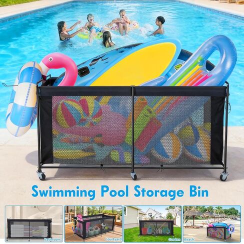 تخزين عائم لحمام السباحة، منظم تخزين عائم لحمام السباحة مع عجلات، صندوق تخزين لحمام السباحة في الهواء الطلق للمعكرونة والعوامات والمناشف ومنظم شبكي لمعدات السباحة، أسود in Kuwait