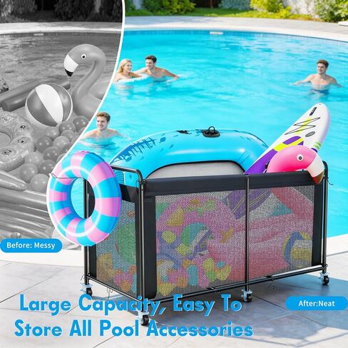 تخزين عائم لحمام السباحة، منظم تخزين عائم لحمام السباحة مع عجلات، صندوق تخزين لحمام السباحة في الهواء الطلق للمعكرونة والعوامات والمناشف ومنظم شبكي لمعدات السباحة، أسود in Kuwait