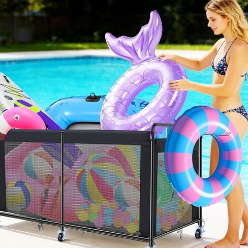تخزين عائم لحمام السباحة، منظم تخزين عائم لحمام السباحة مع عجلات، صندوق تخزين لحمام السباحة في الهواء الطلق للمعكرونة والعوامات والمناشف ومنظم شبكي لمعدات السباحة، أسود in Kuwait