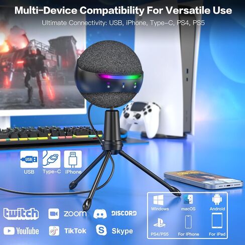 ميكروفون ZealSound Podcast USB للكمبيوتر الشخصي/Mac/iPhone، ميكروفون مكثف قلبي مع تقليل الضوضاء، النقر لكتم الصوت، إضاءة RGB، مراقبة عدم زمن الاستجابة، التحكم في مستوى الصوت للألعاب، التسجيل، يوتيوب in Saudi Arabia
