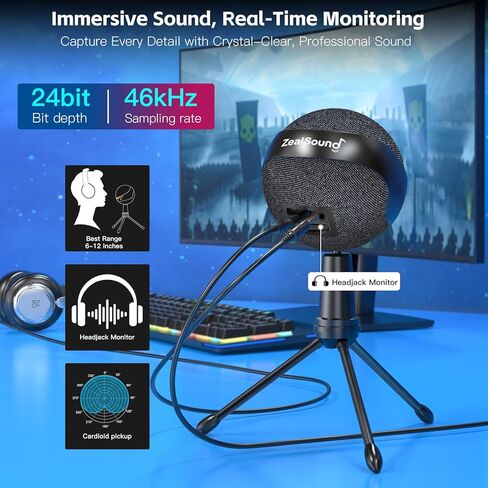 ميكروفون ZealSound Podcast USB للكمبيوتر الشخصي/Mac/iPhone، ميكروفون مكثف قلبي مع تقليل الضوضاء، النقر لكتم الصوت، إضاءة RGB، مراقبة عدم زمن الاستجابة، التحكم في مستوى الصوت للألعاب، التسجيل، يوتيوب in Saudi Arabia