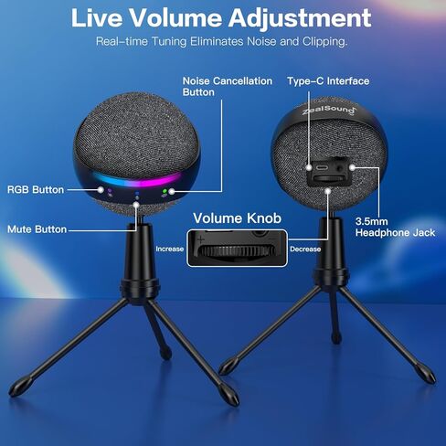 ميكروفون ZealSound Podcast USB للكمبيوتر الشخصي/Mac/iPhone، ميكروفون مكثف قلبي مع تقليل الضوضاء، النقر لكتم الصوت، إضاءة RGB، مراقبة عدم زمن الاستجابة، التحكم في مستوى الصوت للألعاب، التسجيل، يوتيوب in Saudi Arabia