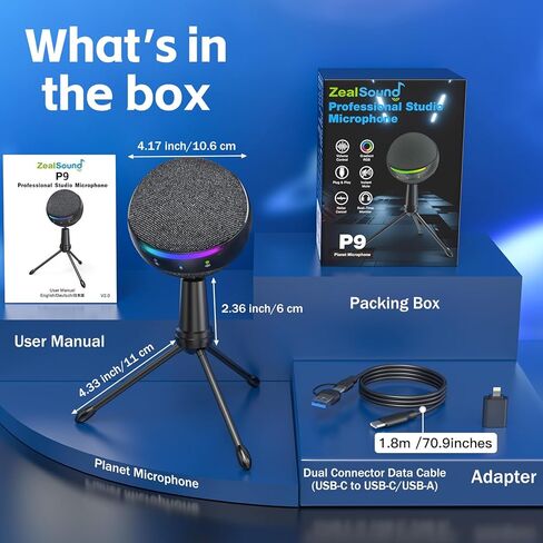 ميكروفون ZealSound Podcast USB للكمبيوتر الشخصي/Mac/iPhone، ميكروفون مكثف قلبي مع تقليل الضوضاء، النقر لكتم الصوت، إضاءة RGB، مراقبة عدم زمن الاستجابة، التحكم في مستوى الصوت للألعاب، التسجيل، يوتيوب in Saudi Arabia