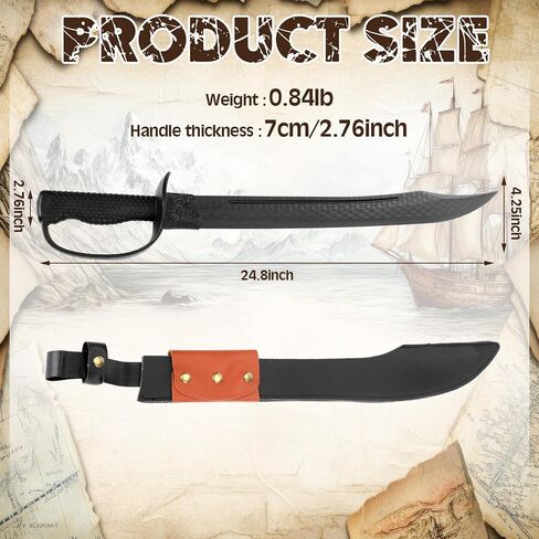 25" Polypropylene Pirate Sword Martial Arts Training Sword with Leather Scabbard Black Broadsword High Toughness Blade for Adults Cosplay Medieval Renaissance Practice Prop Costume in Saudi Arabia