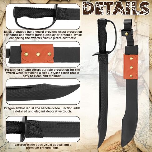 25" Polypropylene Pirate Sword Martial Arts Training Sword with Leather Scabbard Black Broadsword High Toughness Blade for Adults Cosplay Medieval Renaissance Practice Prop Costume in Saudi Arabia